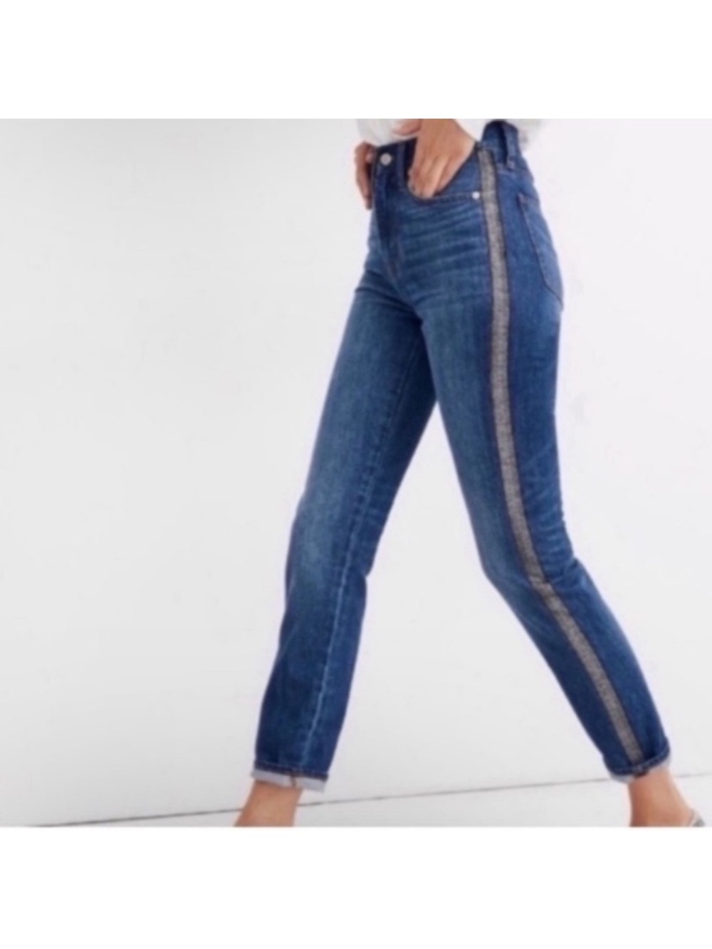 Madewell The Perfect Vintage Cropped Jean Metallic Silver and Black Stripe NWT